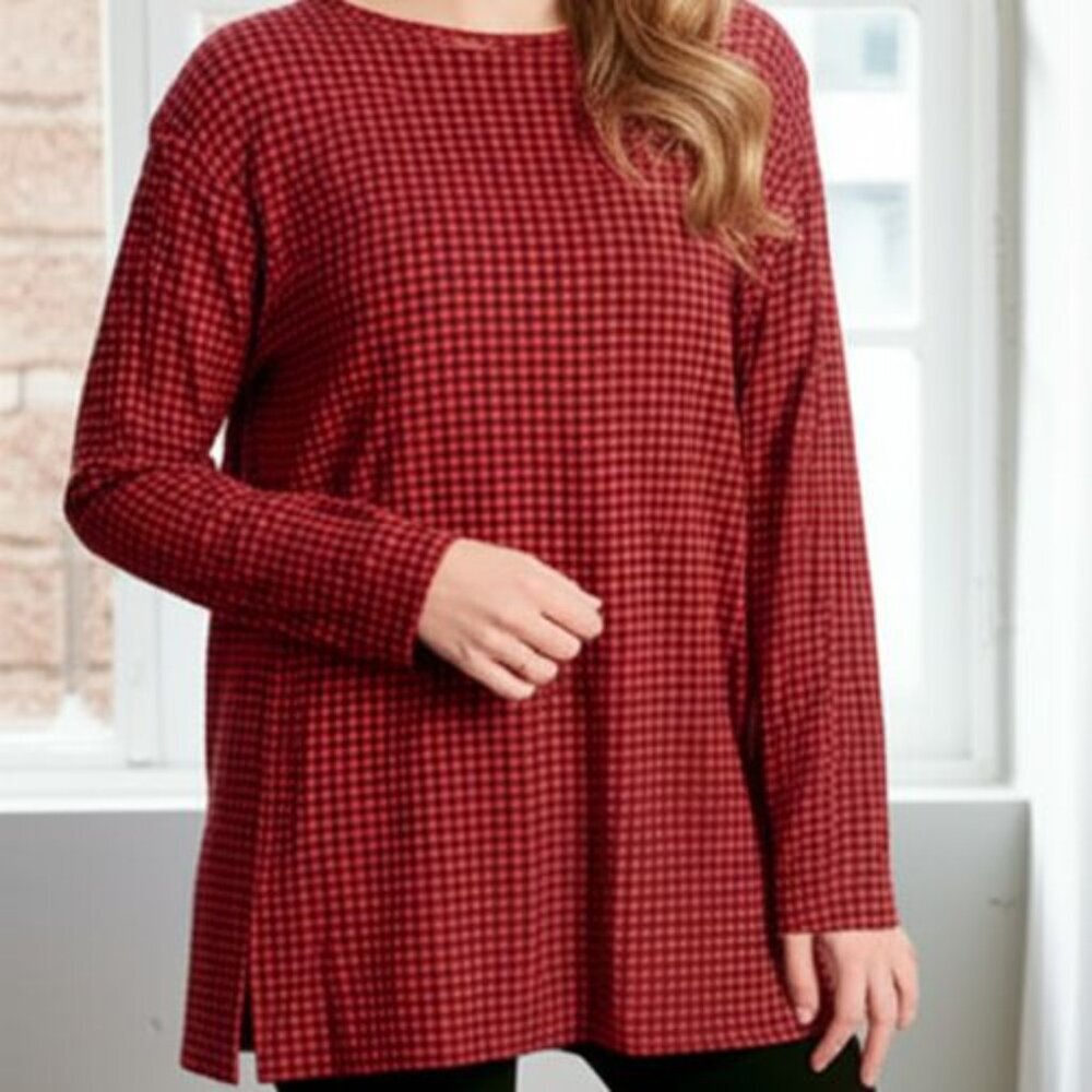 J Jill Luxe Supima Forward-Seam Cotton Modal Blend Red & Black Check Tunic Top
